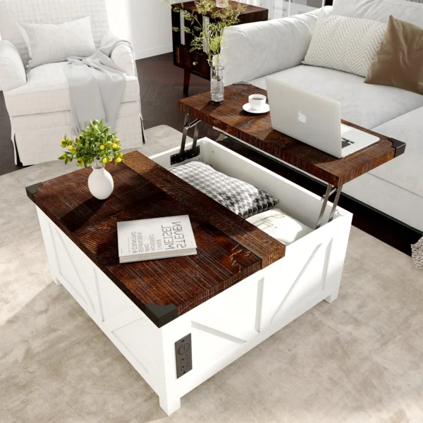 Lift Top Coffee Table w/Storage, Farmhouse Square, Large Hidden Compartment, With USB/AC Power Ports 35.6"/40''